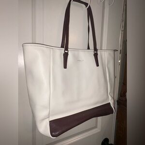 Coach Large Leather Tote White & Brown Trim Zip Top Bag (With Dust Bag)
